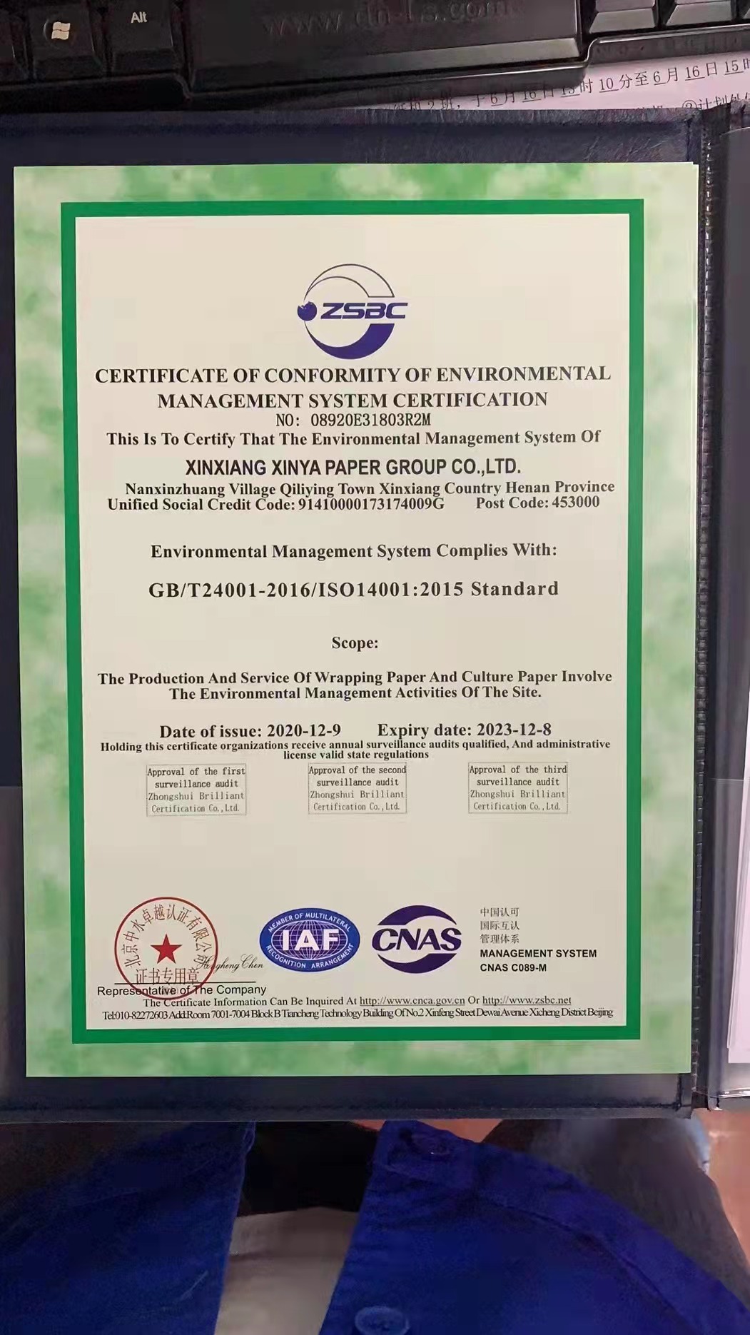新亚纸业环境管理体系认证证书（英文版）